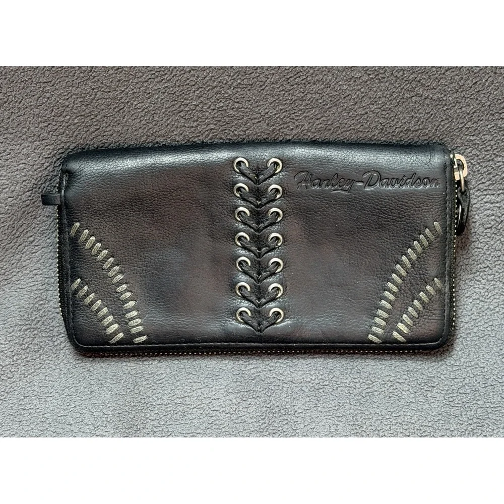 VTG Harley-Davidson Zip Around Wristlet Wallet Logo Biker Motorcycle Black Laces